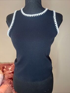 And Now This Black Ribbed Tank Top with White Trim